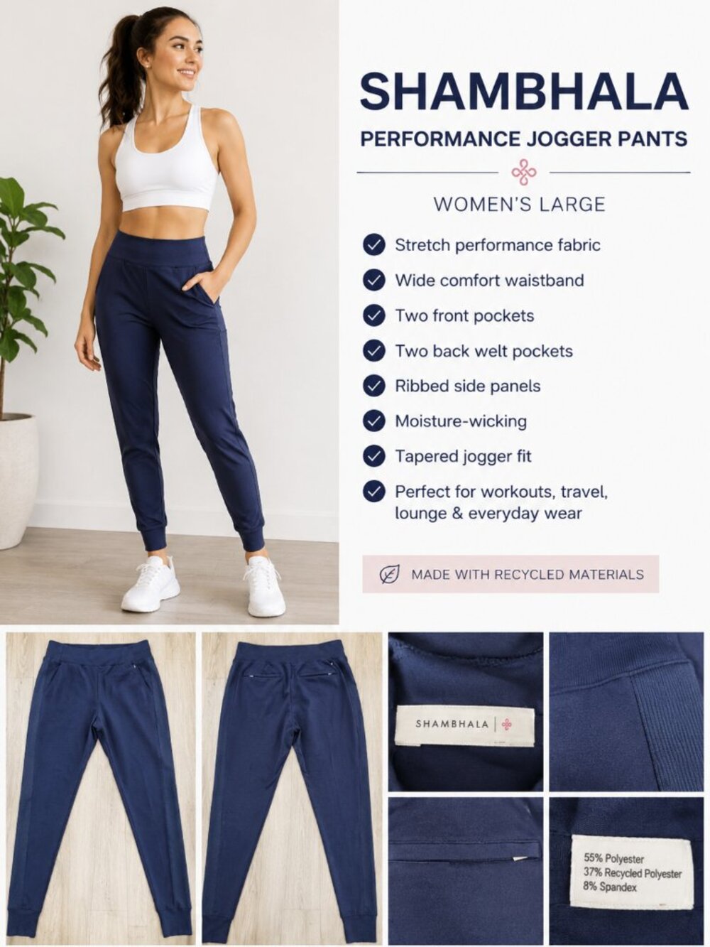 Shambhala Navy Performance Jogger Pants | Stretch Athleisure Pockets